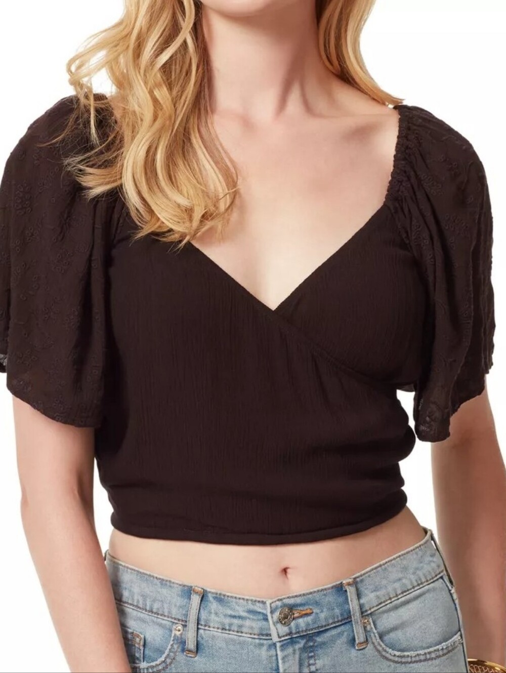 new JESSICA SIMPSON size XL Short Flare Sleeve V Neck Crop Top Brown